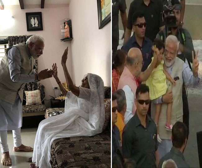 पीएम मोदी ने मां से लिया आशीर्वाद, अमित शाह की पोती को किया दुलार