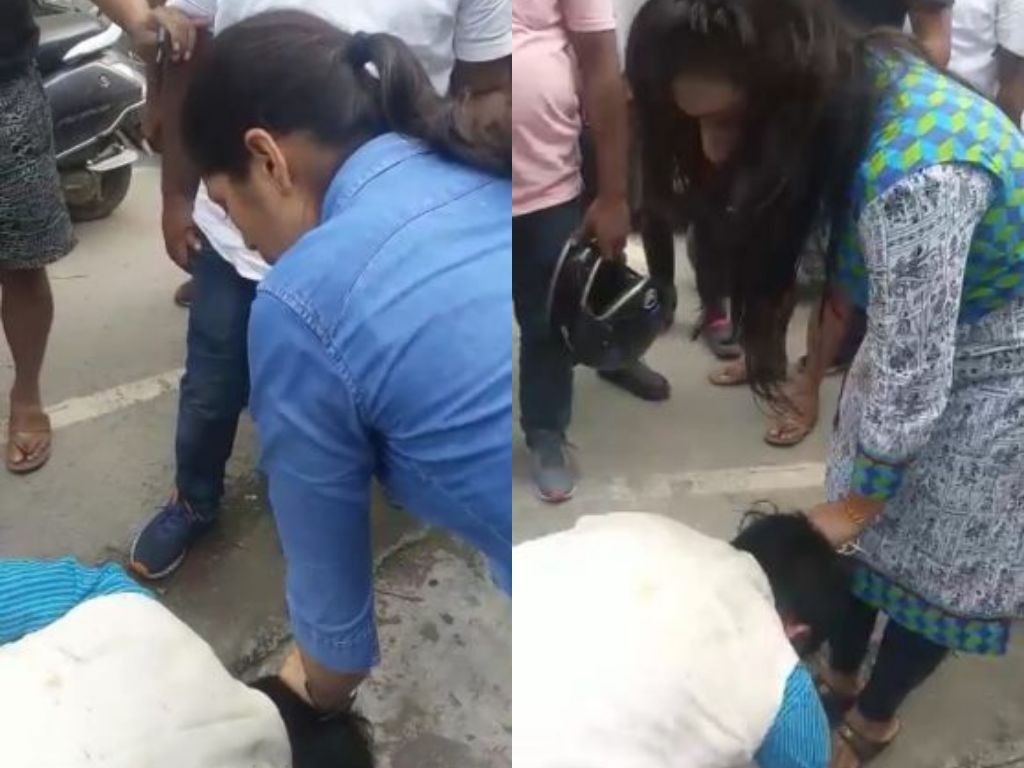 बीच सड़क युवती ने युवक को लात-घूंसों से धुना, पैर पर गिराकर मंगवाई माफी बीच सड़क युवती ने युवक को लात-घूंसों से धुना, पैर पर गिराकर मंगवाई माफी