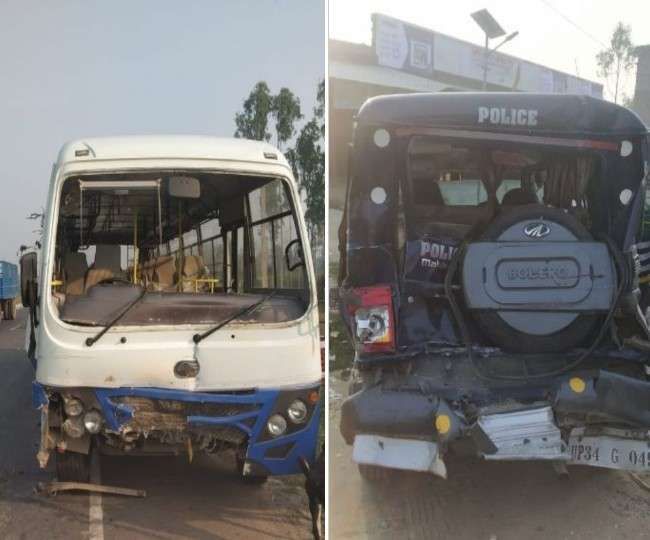 पुलिस की बोलेरो में बस ने मारी जोरदार टक्कर, SO समेत चार पुलिसकर्मी घायल पुलिस की बोलेरो में बस ने मारी जोरदार टक्कर, SO समेत चार पुलिसकर्मी घायल