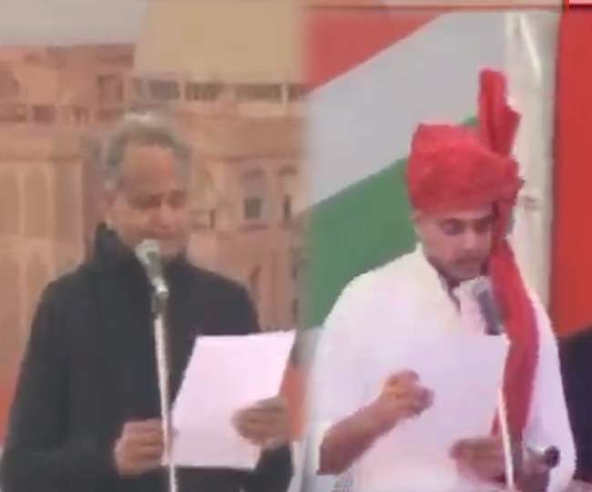 अशोक गहलोत ने राजस्थान के मुख्यमंत्री और सचिन पायलट ने उपमुख्यमंत्री के तौर पर शपथ ले ली है। दोनों को राज्यपाल कल्याण सिंह ने पद और गोपनीयता की शपथ दिलाई।