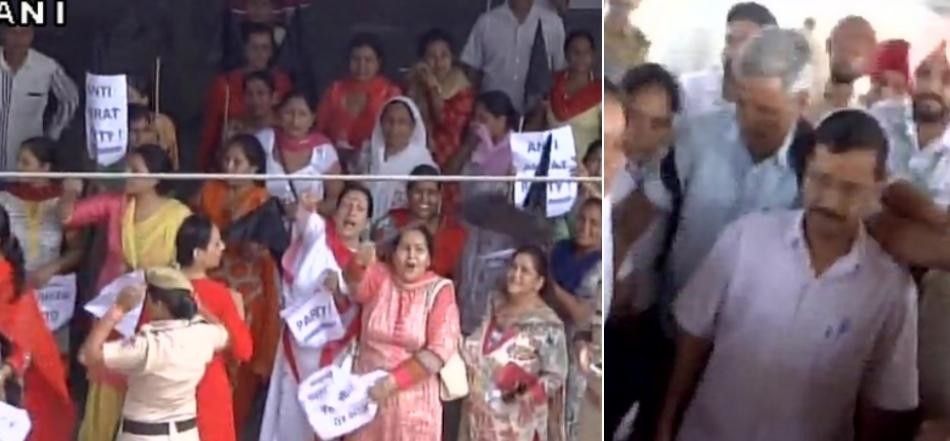 लुधियाना में अरविंद केजरीवाल का चूड़ियों से स्वागत, लगे विरोधी नारे लुधियाना में अरविंद केजरीवाल का चूड़ियों से स्वागत, लगे विरोधी नारे
